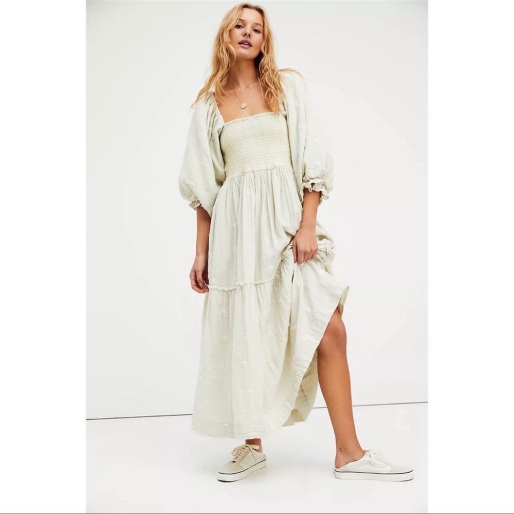 Free People Dahlia embroidered smocked maxi dress Soda Lime combo